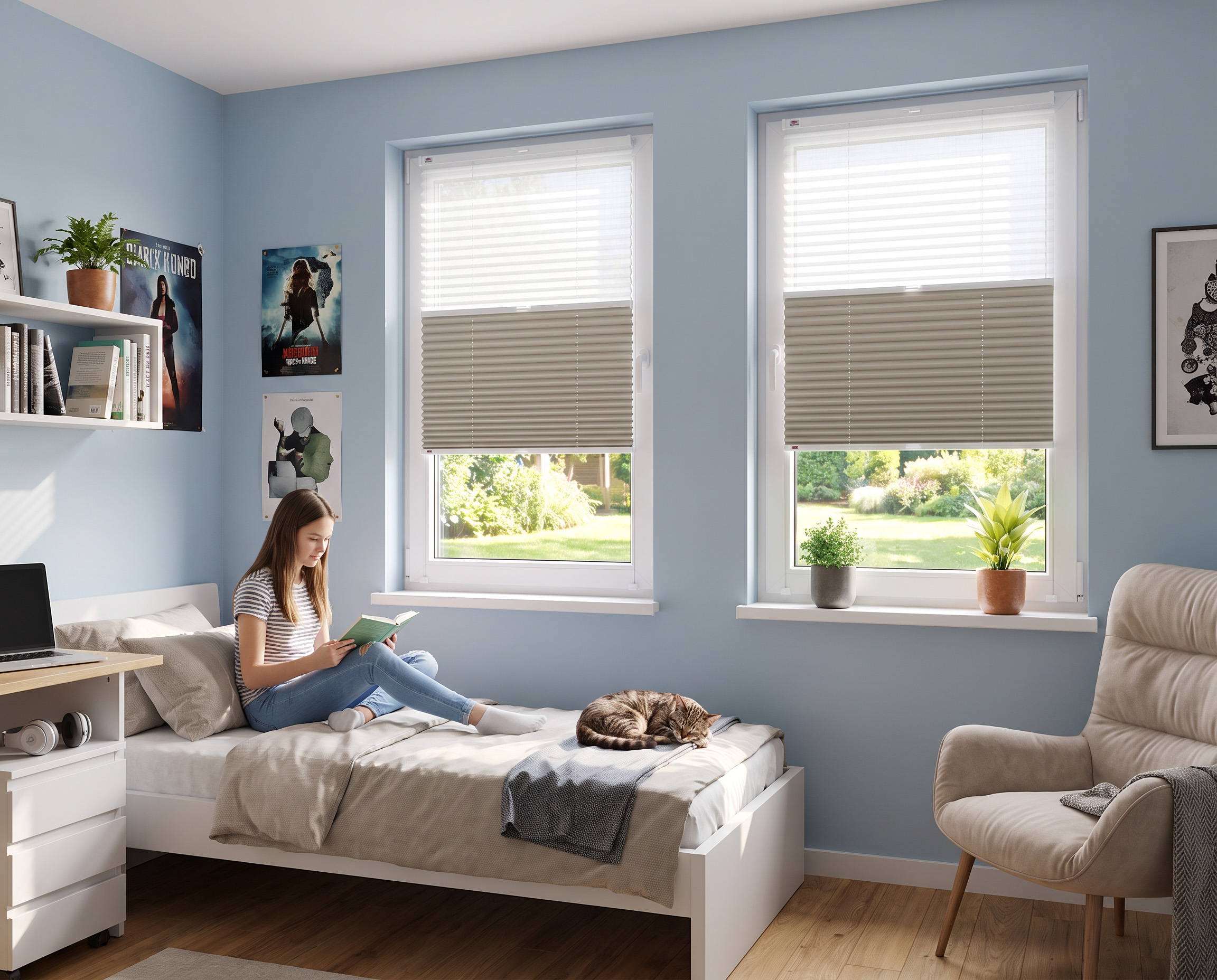 Plisa Veloline DUO 522 Kamienna Szarość + firana w aranżacji